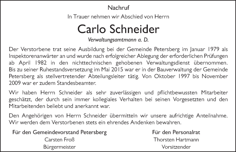  Traueranzeige für Carlo Schneider vom 24.10.2020 aus FZ