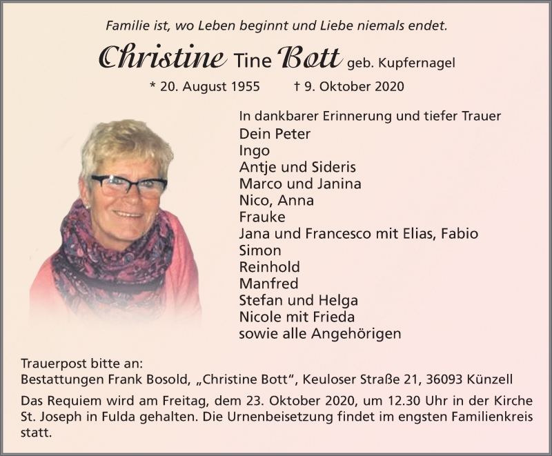  Traueranzeige für Christine Bott vom 20.10.2020 aus FZ