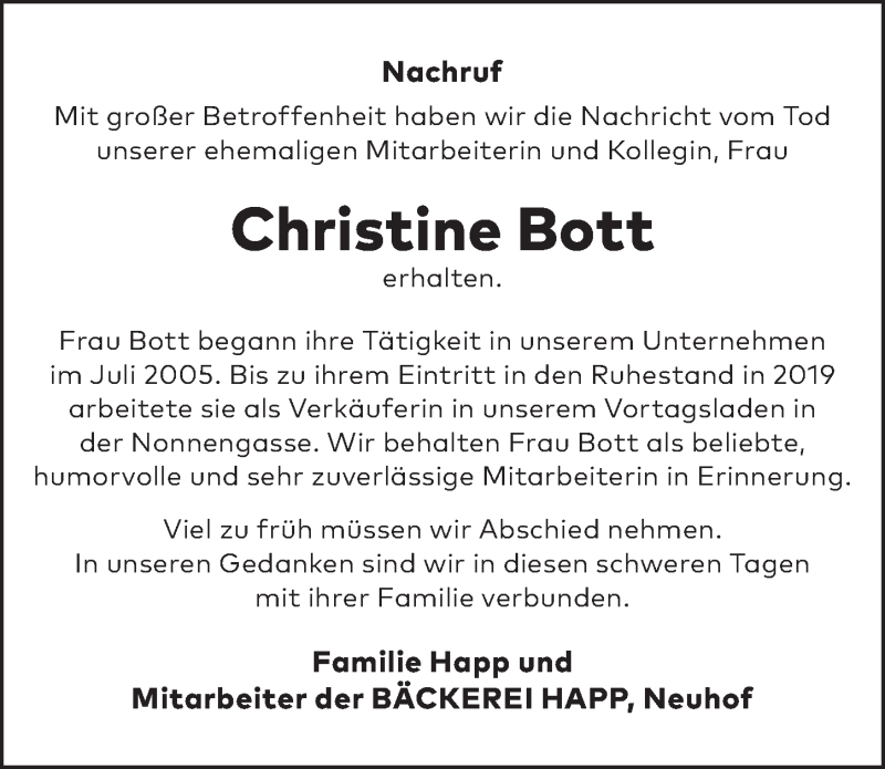  Traueranzeige für Christine Bott vom 23.10.2020 aus FZ