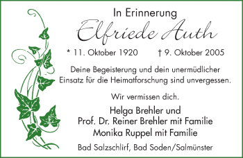 Traueranzeige von Elfriede Auth von FZ