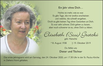 Traueranzeige von Elisabeth Grotzki von FZ
