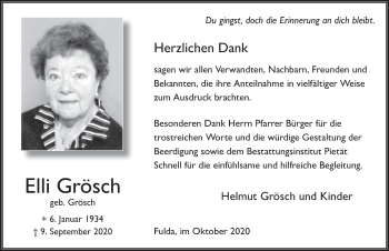 Traueranzeige von Elli Grösch von FZ