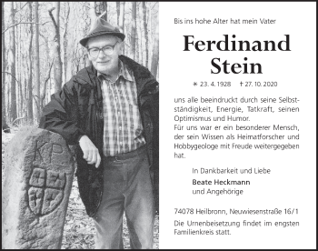 Traueranzeige von Ferdinand Stein von FZ
