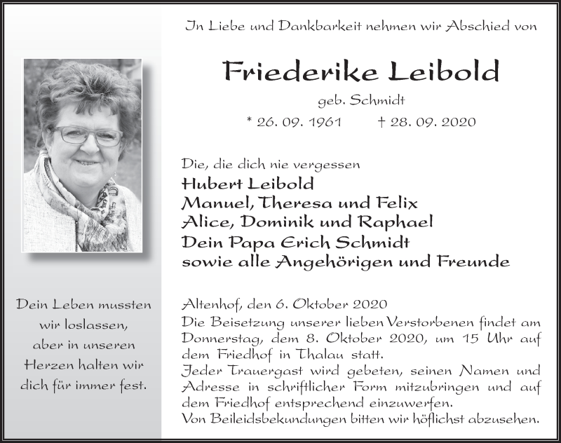  Traueranzeige für Friederike Leibold vom 06.10.2020 aus FZ