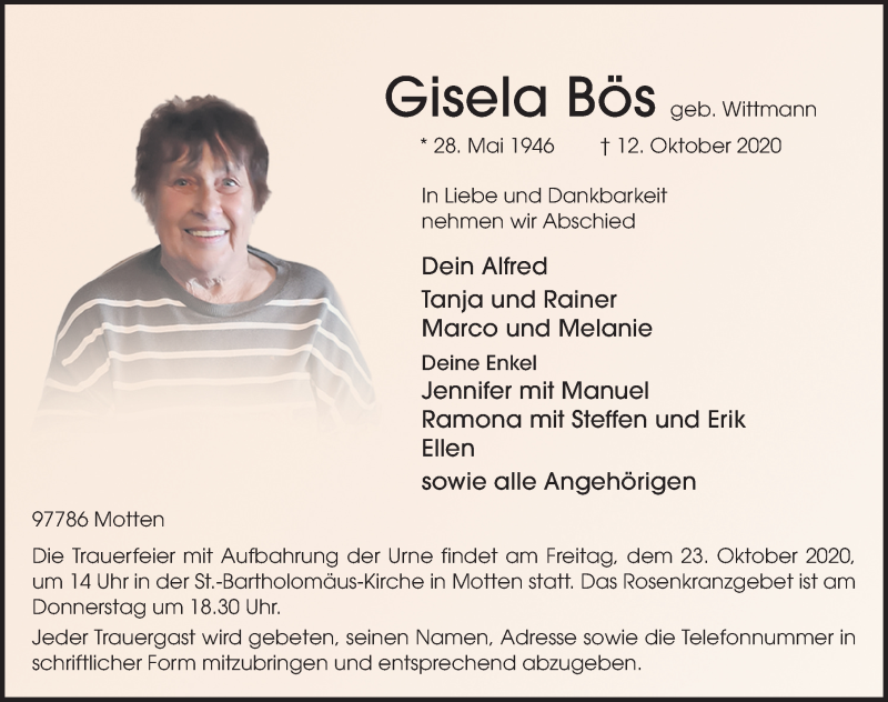  Traueranzeige für Gisela Bös vom 21.10.2020 aus FZ