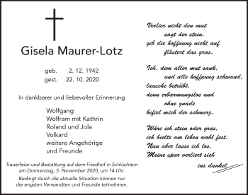 Traueranzeige von Gisela Maurer-Lotz von FZ