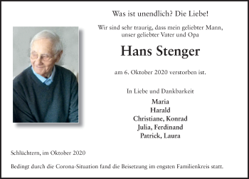 Traueranzeige von Hans Stenger von FZ