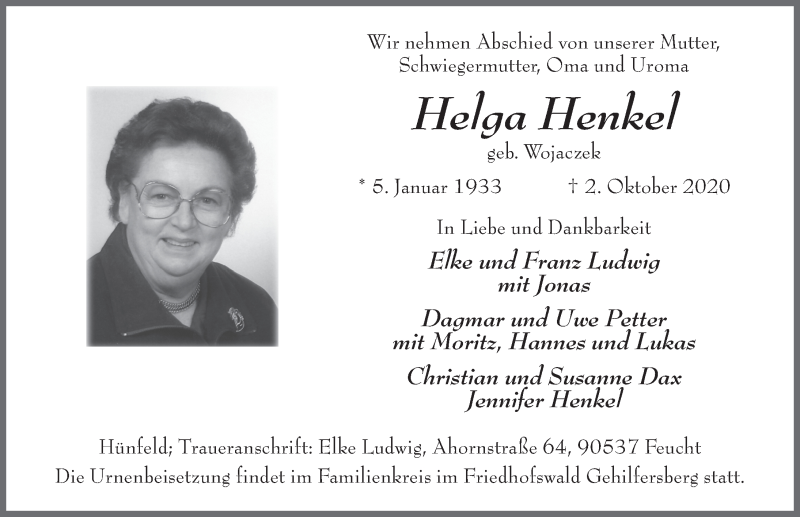  Traueranzeige für Helga Henkel vom 07.10.2020 aus FZ