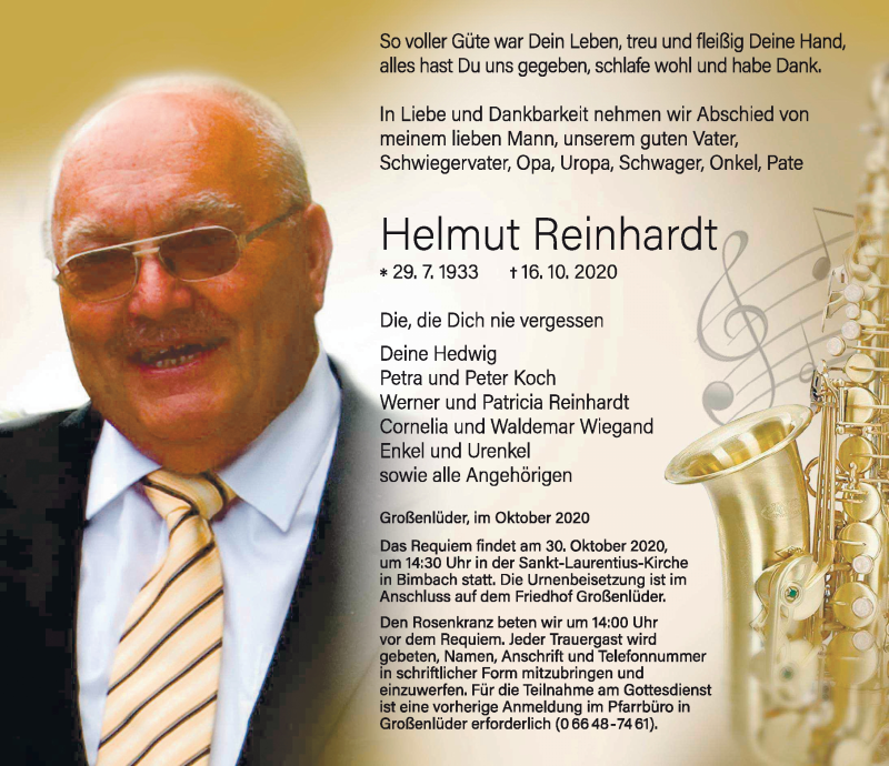  Traueranzeige für Helmut Reinhardt vom 26.10.2020 aus FZ