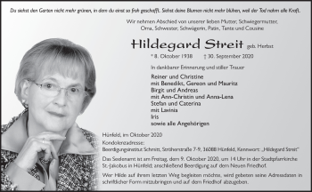 Traueranzeige von Hildegard Streit von FZ