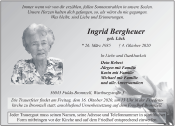 Traueranzeige von Ingrid Bergheuer von FZ