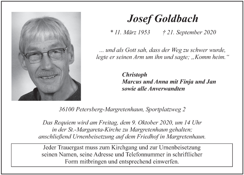  Traueranzeige für Josef Goldbach vom 02.10.2020 aus FZ