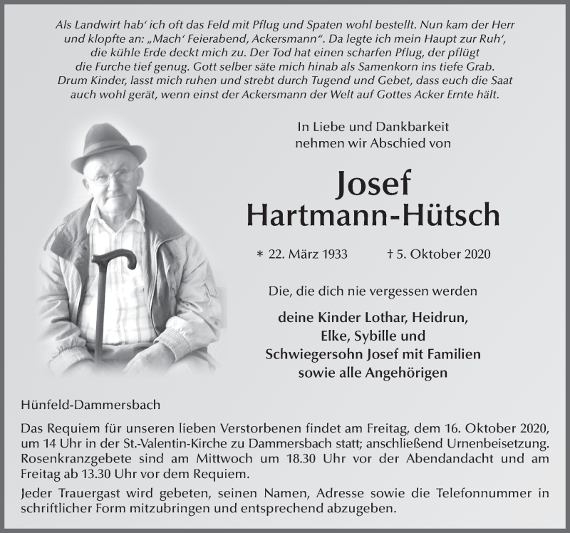  Traueranzeige für Josef Hartmann-Hütsch vom 13.10.2020 aus FZ