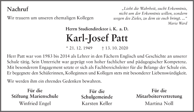  Traueranzeige für Karl-Josef Patt vom 17.10.2020 aus FZ