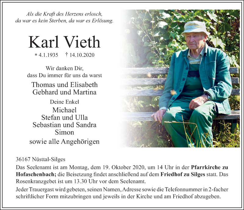  Traueranzeige für Karl Vieth vom 17.10.2020 aus FZ