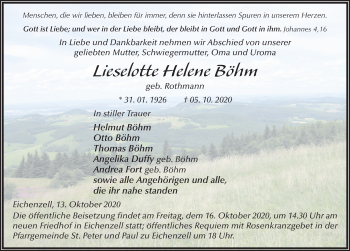 Traueranzeige von Lieselotte Helene Böhm von FZ