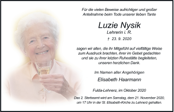 Traueranzeige von Luzie Nysik von FZ