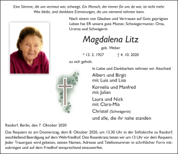 Traueranzeige von Magdalena Litz von FZ