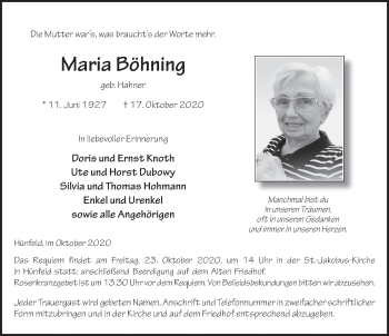 Traueranzeige von Maria Böhning von FZ