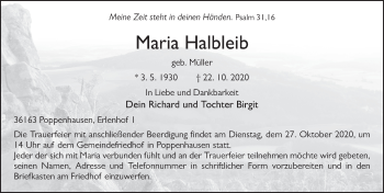Traueranzeige von Maria Halbleib von FZ
