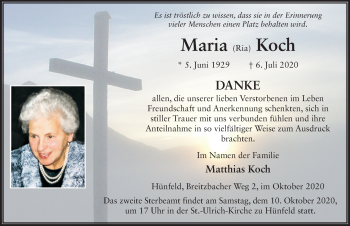 Traueranzeige von Maria Koch von FZ
