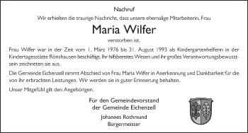 Traueranzeige von Maria Wilfer von FZ