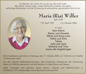 Traueranzeige von Maria Wilfer von FZ