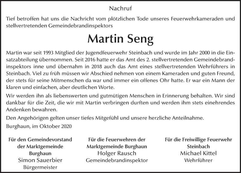  Traueranzeige für Martin Seng vom 08.10.2020 aus FZ