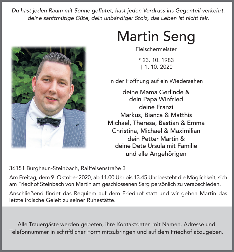  Traueranzeige für Martin Seng vom 07.10.2020 aus FZ