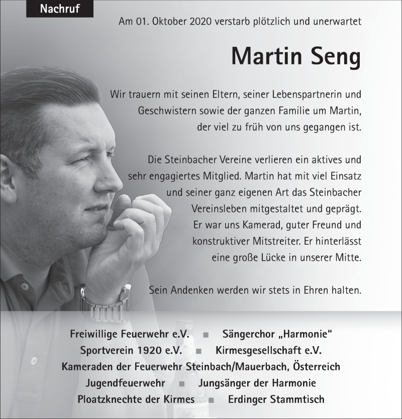  Traueranzeige für Martin Seng vom 07.10.2020 aus FZ