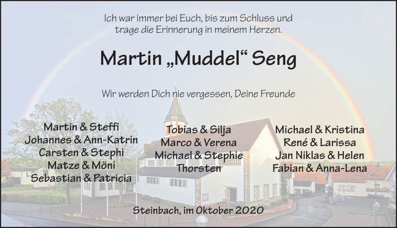  Traueranzeige für Martin Seng vom 07.10.2020 aus FZ