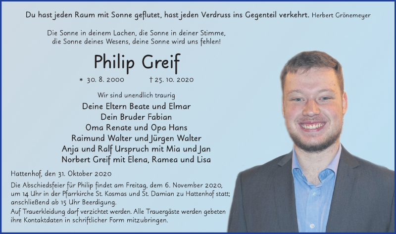  Traueranzeige für Philip Greif vom 31.10.2020 aus FZ