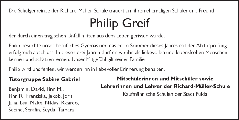  Traueranzeige für Philip Greif vom 31.10.2020 aus FZ