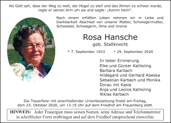 Traueranzeige von Rosa Hansche von FZ