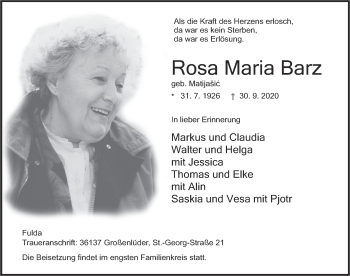 Traueranzeige von Rosa Maria Barz von FZ