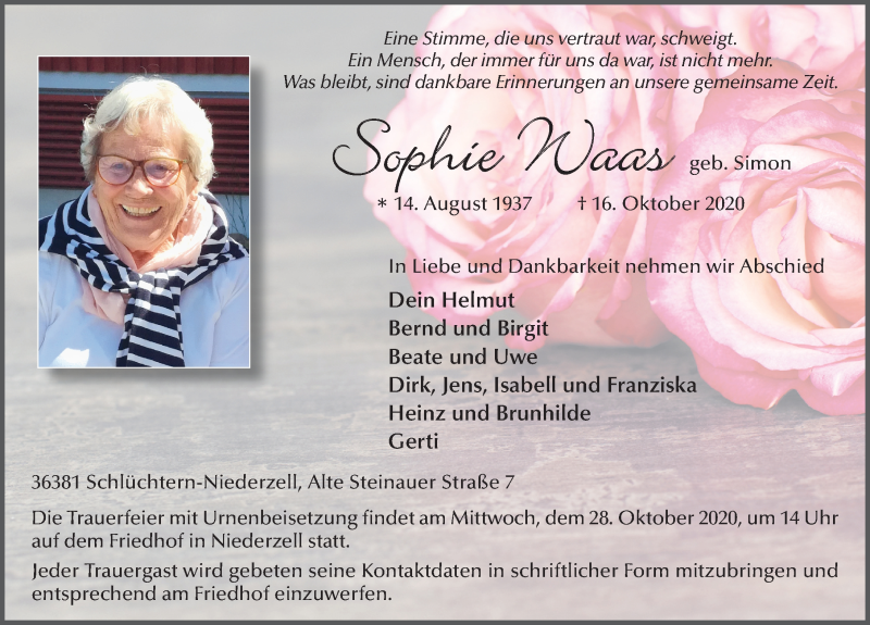  Traueranzeige für Sophie Waas vom 24.10.2020 aus FZ