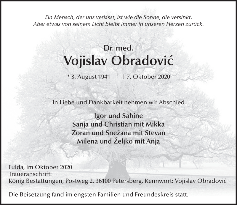  Traueranzeige für Vojislav Obradovic vom 17.10.2020 aus FZ