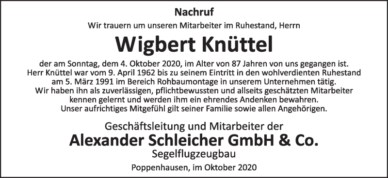  Traueranzeige für Wigbert Knüttel vom 07.10.2020 aus FZ