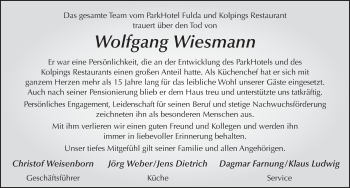 Traueranzeige von Wolfgang Wiesmann von FZ
