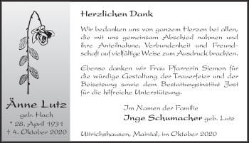 Traueranzeige von Änne Lutz von FZ