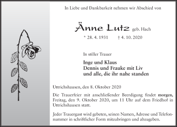 Traueranzeige von Änne Lutz von FZ