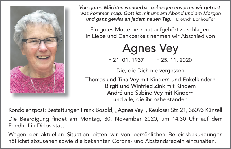  Traueranzeige für Agnes Vey vom 27.11.2020 aus FZ