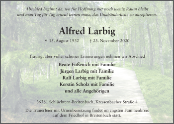 Traueranzeige von Alfred Larbig von FZ