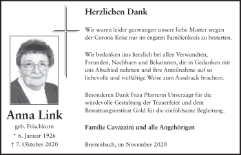Traueranzeige von Anna Link von FZ