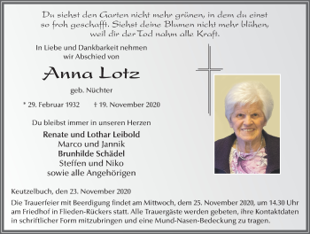 Traueranzeige von Anna Lotz von FZ