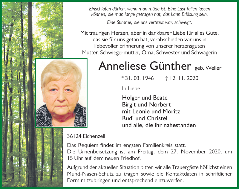  Traueranzeige für Anneliese Günther vom 24.11.2020 aus FZ