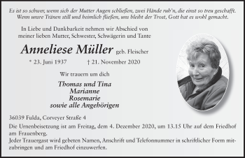 Traueranzeige von Anneliese Müller von FZ