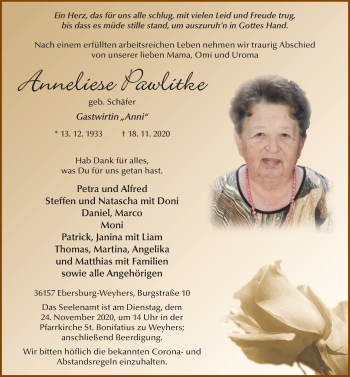 Traueranzeige von Anneliese Pawlitke von FZ
