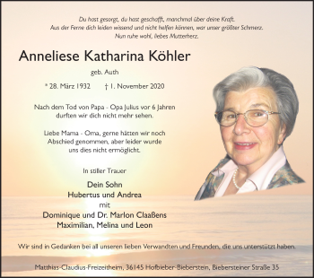 Traueranzeige von Anneliese Katharina Köhler von FZ