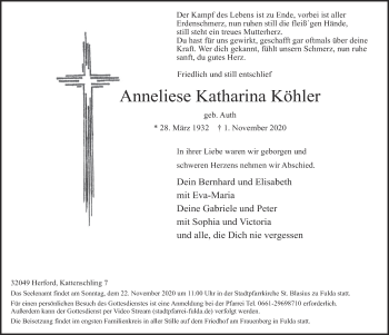 Traueranzeige von Anneliese Katharina Köhler von FZ